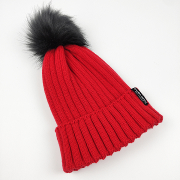 OEM Classic Acrylic Fur Bobble Thick Ribbed Cable Knit Women Beanie with Brown Leather Patches and Pompom