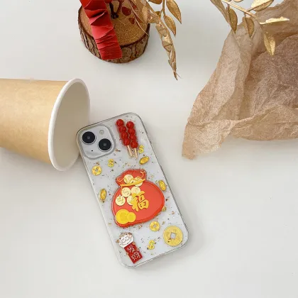 Candied Haws Ingot Gold Coin Lucky Bag Red Packet Glitter Silicone Phone Case for iPhone 14/16 Pro Max 15 13
