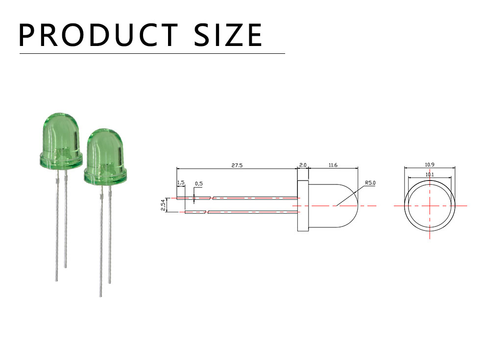 Size of 1004LGC-12 Super Bright 10mm LED Light Green LED with Clear Lens