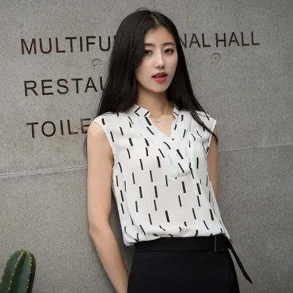 Ladies chiffon sleeveness shirt,womens V neck woven shirt,Ladies V neck sleeveness shirt,Ladies fashion shirt
