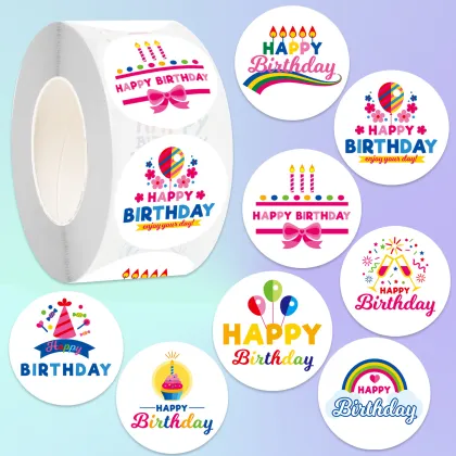 Round Happy Birthday Stickers - Self-Adhesive Vinyl Gift Envelope Decorations