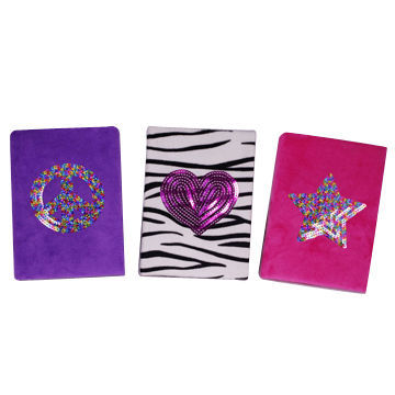 Plush notebook with embroidery sequins, measures 18x13cm, customized designs are accepted