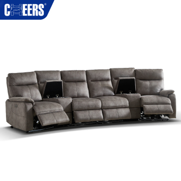 MANWAH CHEERS 4-Seater Fabric Upholstered Power Reclining Home Theater Sofa with Console and USB Ports