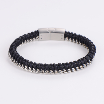 Custom Vintage Stainless Steel Wave Franco Chain Leather Braided Bracelet Wholesale Costume Jewelry for Men