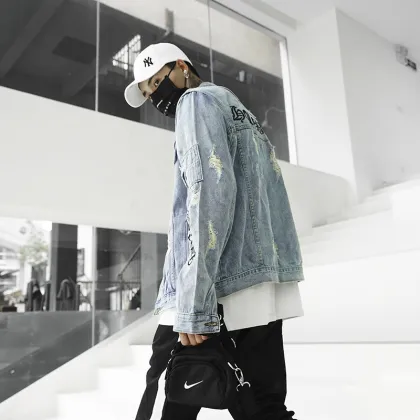 Loose blue letter embroidery men denim jacket cotton torn designer denim jacket