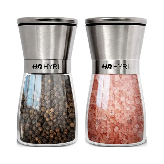 Hyri Eco-Friendly Wholesale Glass Bottle Salt & Pepper Grinders with Stainless Steel Lid