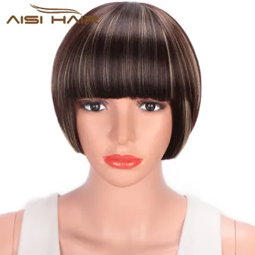 Aisi Hair Short Straight Bob Wigs Heat Resistant Synthetic Fiber Brown Blonde  Mixed Colors Short Bob Wigs with Neat Bangs