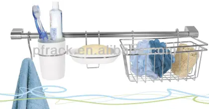 Top sale!!~~Bathroom tool hanging bar with mobile hooks and basket PF-E073
