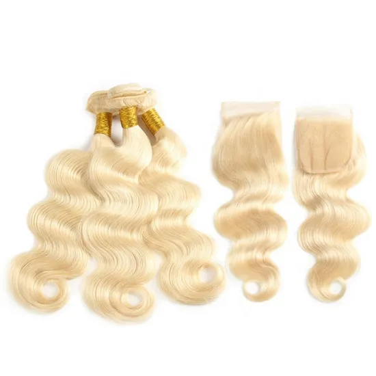 Body Wave  100% Natural Brazilian 613 Blonde Human Hair Weave With Middle Part Lace Closure