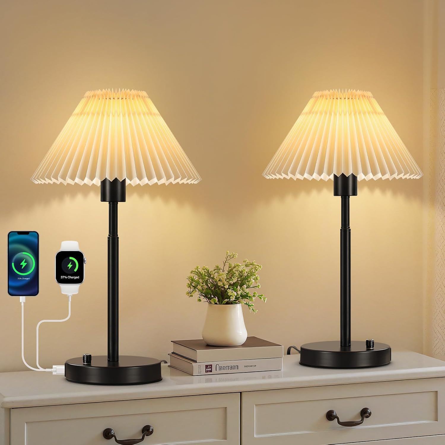 Rechargeable Gold Metal Table Lamp Set with Pleated Shade (11)