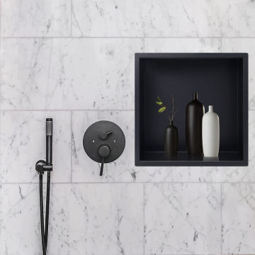 Blue Marble Storage with Hinged Door and Gold Shell Shower Niche
