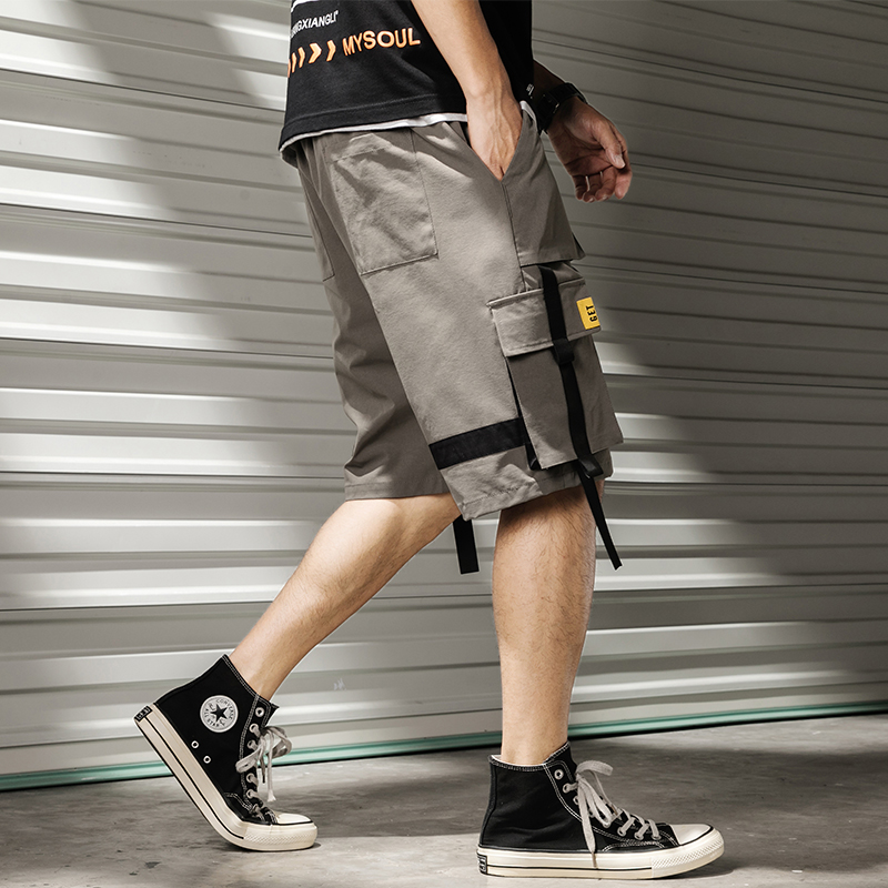 Streetwear 2021 Summer Casual Shorts Men Fashion Ribbons Pockets Cargo Shorts Bermuda Solid Hip Hop Men's Shorts