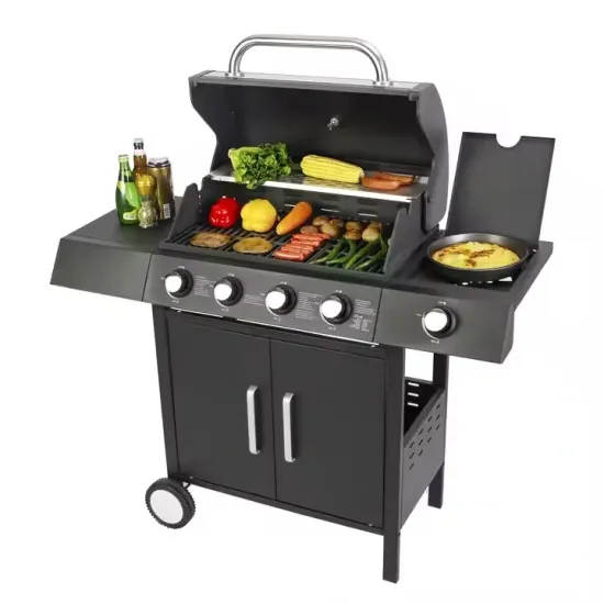 4+1 Burner Gas Grill with Cast Iron Cooking Grids Stainless Steel Warming Rack