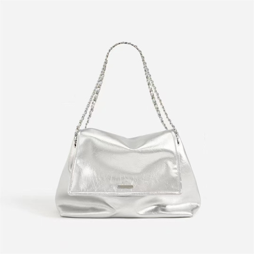 Shiny Silver Genuine Leather Women's Tote Bag