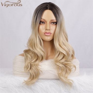 Vigorous Long Wavy Wig For Black Women Ombre Blonde Middle Part Wigs Heat Resistant Synthetic Wigs Wholesale Price