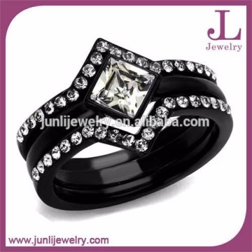 2015 Hot Sale 3 Pieces Stainless Steel IP Black Cubic Zirconia Wedding Ring Set