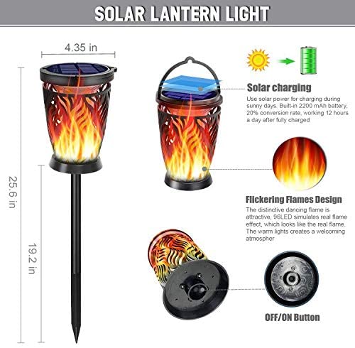 thumbnail image 2 of 2-Pack Flickering Flame Solar Lanterns - Outdoor Hanging Lights, Black, Waterproof LED 2 of 6