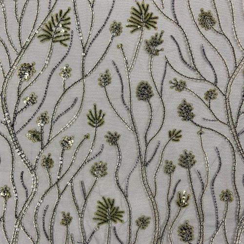 Green Thriving Plants Sequin Embroidery Fabric