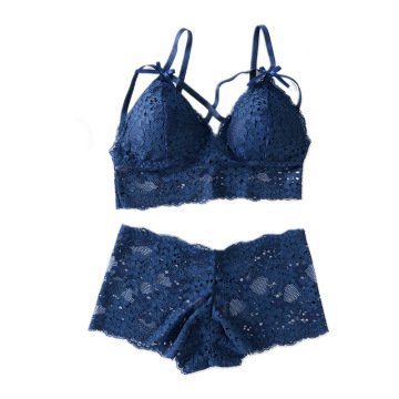 Mature Women's Mesh Transparent Breathable Cotton Padded Wireless Bra and Brief Set with French Lace