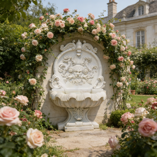 Handcrafted Marble Wall Fountain Featuring Floral