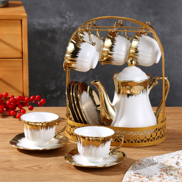 Luxury Gold Plated 13pc Porcelain Tea Set with Cups and Saucers