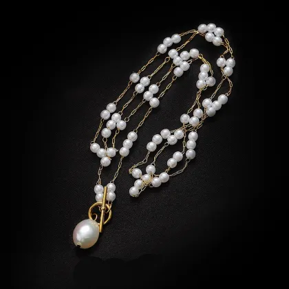 Temperament OT Buckle Long Baroque Pearl Necklace