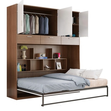 Küçük alanlar için gardırop ile minimalist ahşap katlanır duvar yatağı