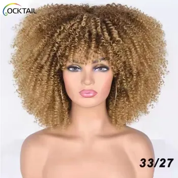 Short Hair Afro Kinky Curly Wigs With Bangs For Black Women African Synthetic Ombre Glueless Cosplay Wigs High Temperature
