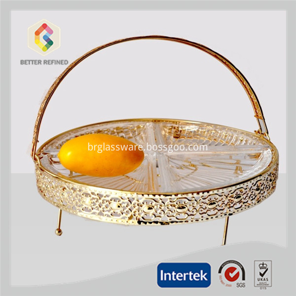 fruit glass plate with Gold metal handle