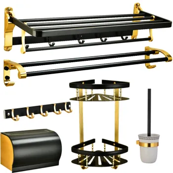 Hotel Style Wall-Mounted Towel Rail and Hook Set in Black and Gold - Aluminum Construction