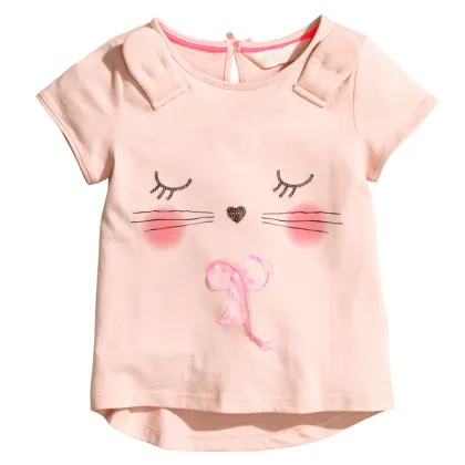 High Quality Children Short Sleeve Lovely Cat Pink Pattern Summer Girl T-shirt