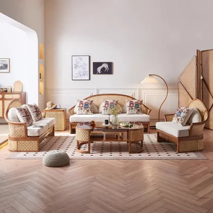 Nordic Vintage Living Room: Simple Casual Solid Wood Rattan Sofa for New Chinese Villa Homestay