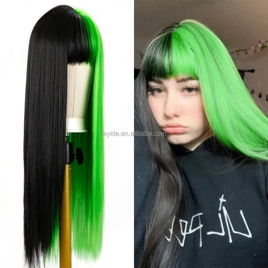 New Styles Amazon Hot Sale Black and Green Ombre Color Two Tone Long Straight Halloween Cosplay Synthetic Hair Wig