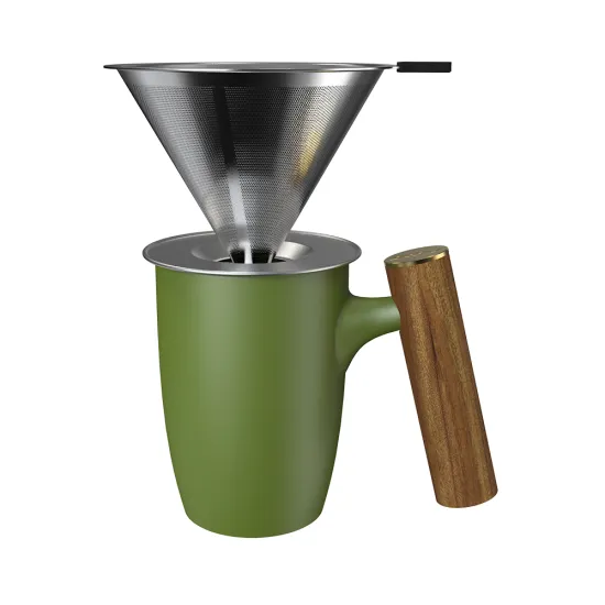 DHPO Luxury Pour Over Coffee Maker Set: Ceramic Mug with Stainless Steel Filter & Wooden Handle