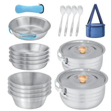 Stainless Steel Pots Pans Plates Bowls Sporks Travel Bag Camping Cookware Set