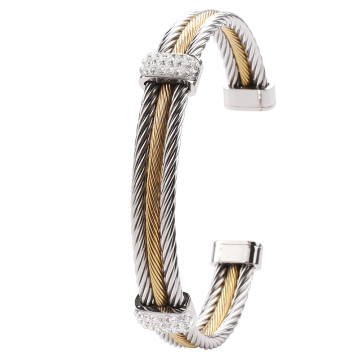 Fashion Steel Wire Rope Cuff Bracelets with Crystal Rhinestones in 18K Plating for Men