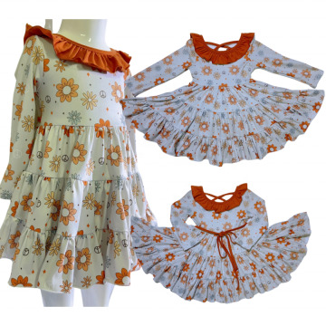 Milk Silk Floral Printed Spring Twirl Dress with Long Sleeves for Kids Girls