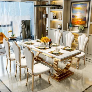 White and Gold Marble 6 Seater Dining Table and Chairs for Kitchen Space Saving Party