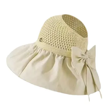 Summer Sun Protection Straw Hat with Large Eaves and Bow Visor for Women