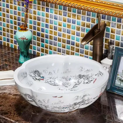 Chinese Style Ceramic Art Wash Basin - Flower Shape Hand Wash Basin