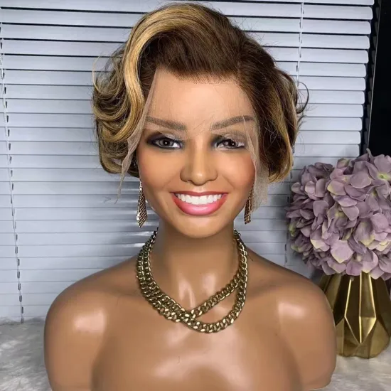 Next Day Shipping: In-Stock 13x3 Colored 4/27# Loose Curl Virgin Brazilian Short Bob Pixie Cut Lace Wig with Bang