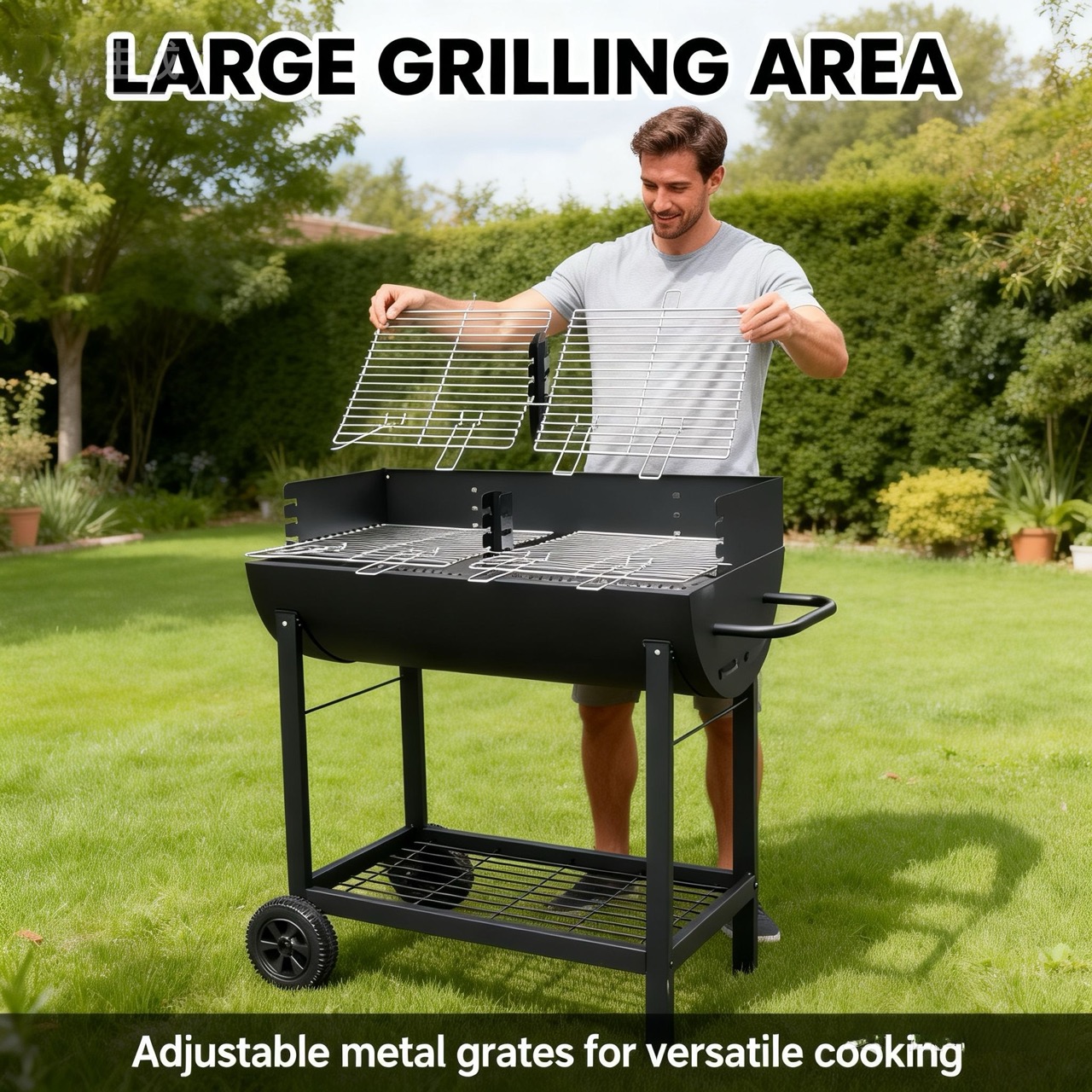 Half-barrel steel barbecue grill