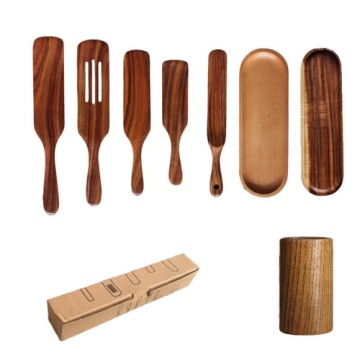 Natural Hard Teak and Acacia Wood Kitchen Utensil Set with Holder