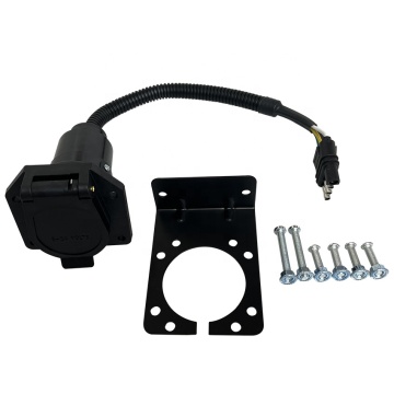 4-Way Flat to 7-Way Round Blade Trailer Light Adapter with Mounting Bracket for Cars and Trucks