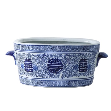 Blue and White Flowerpot with Oval Ears and Double Happy Pattern RYPU76-01