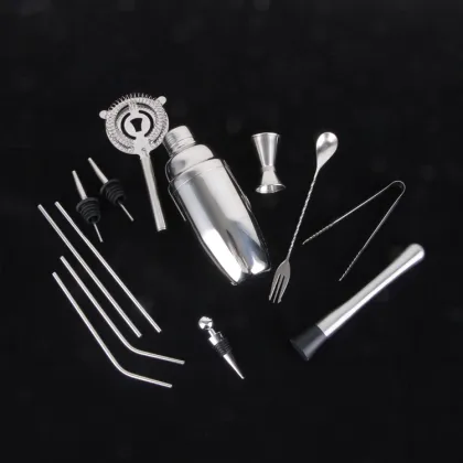 Stainless Steel Bartender Kit with Wooden Stand - Professional Barware Tools for Travel and Cocktail Making