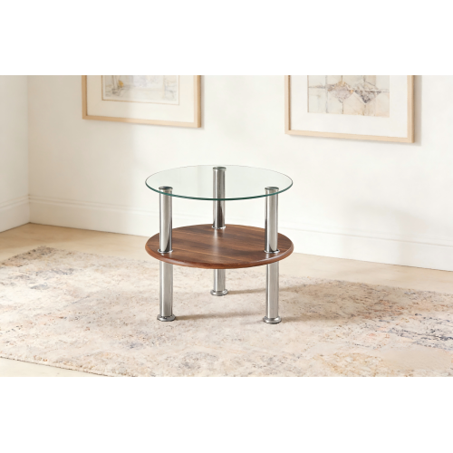 Mesa lateral moderna que economiza espaço com tampo de vidro