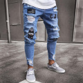 Men's Jeans Skinny Hip Hop Cool Streetwear Biker Embroidery Patch Hole Ripped Zipper Jeans Slim Mens Clothes Pencil Homme Jeans