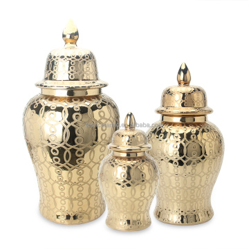 J131 European Hot Sale Ceramic Gold Ginger Jar with Swirly Lines Porcelain Decorative Pot