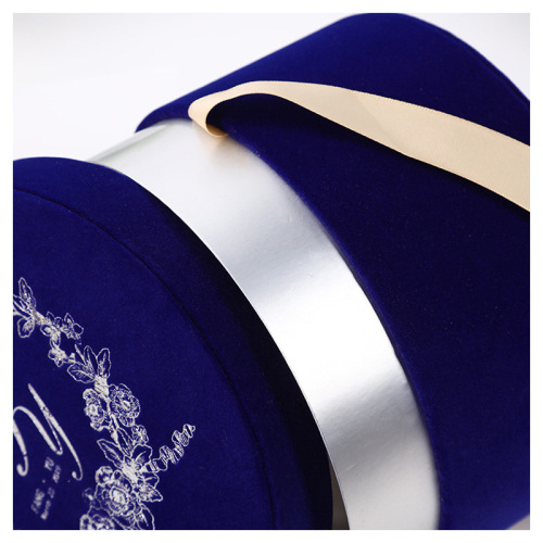 Custom Gold Logo Blue Velvet Round Boxes